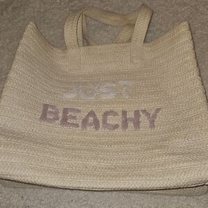 Neutral Straw Tote Bag with 'Just Beachy' Embroidery
